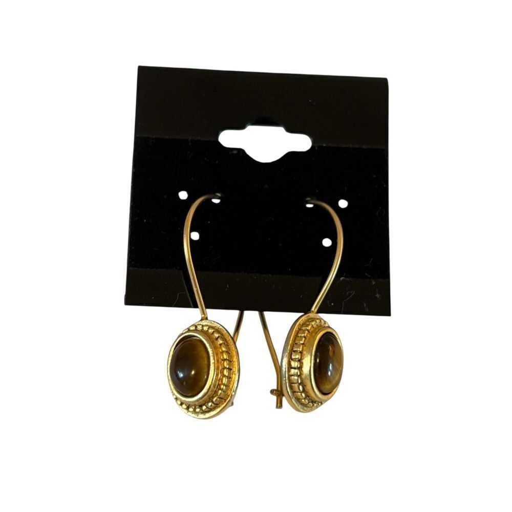 Elegant Vintage Stamped Antiqued Gold Tone Tigers Eye Drop Earrings.